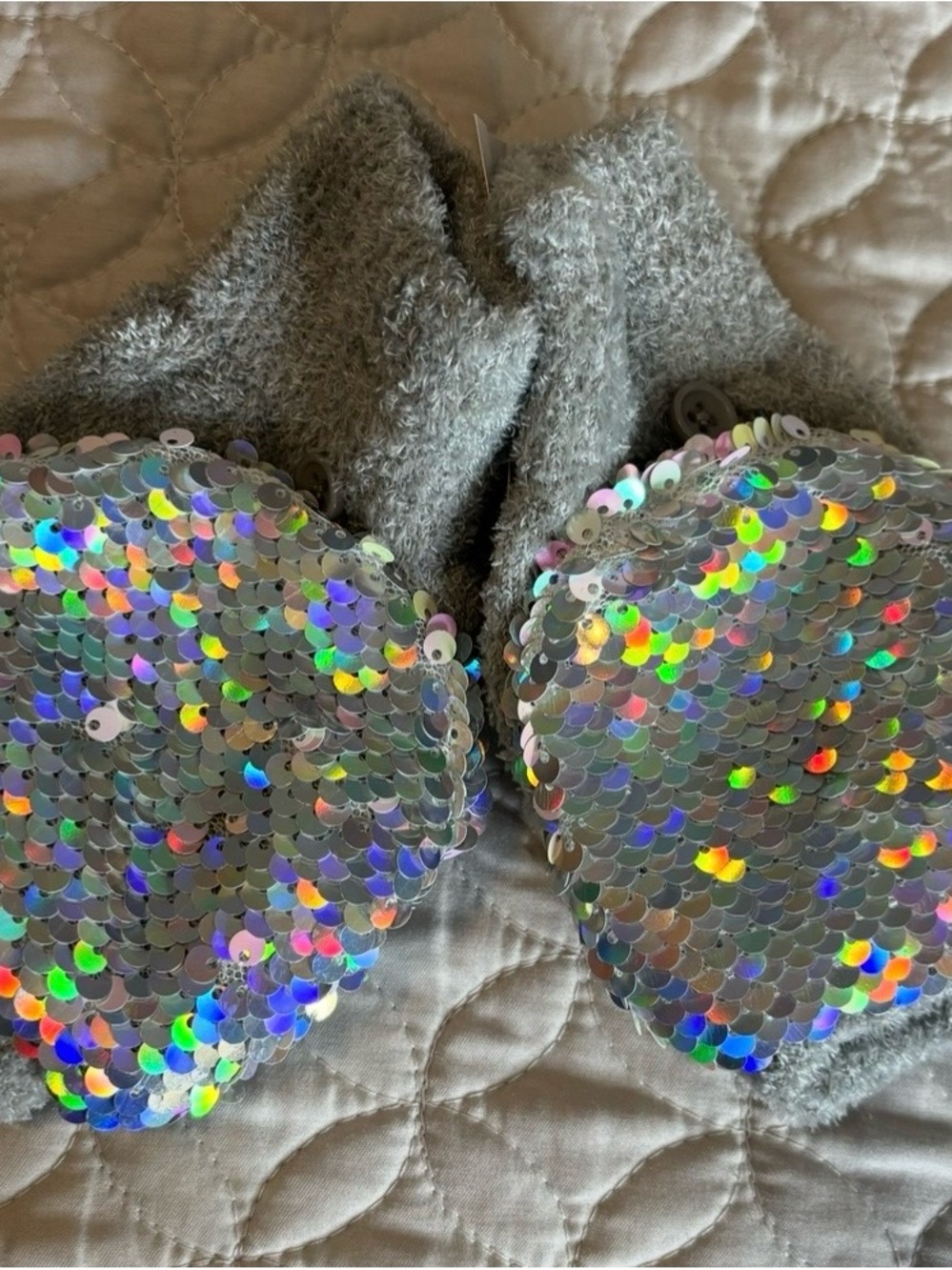 Justice Kids Gray Mittens with Holographic Silver Sequins